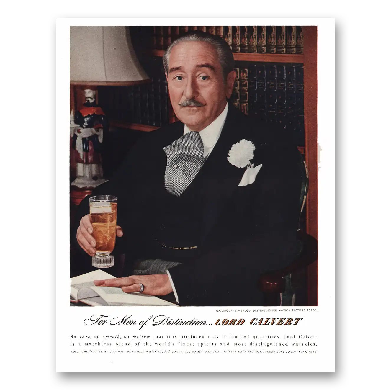 1947 Lord Calvert Whiskey Adolphe Menjou Vintage Magazine Print Ad