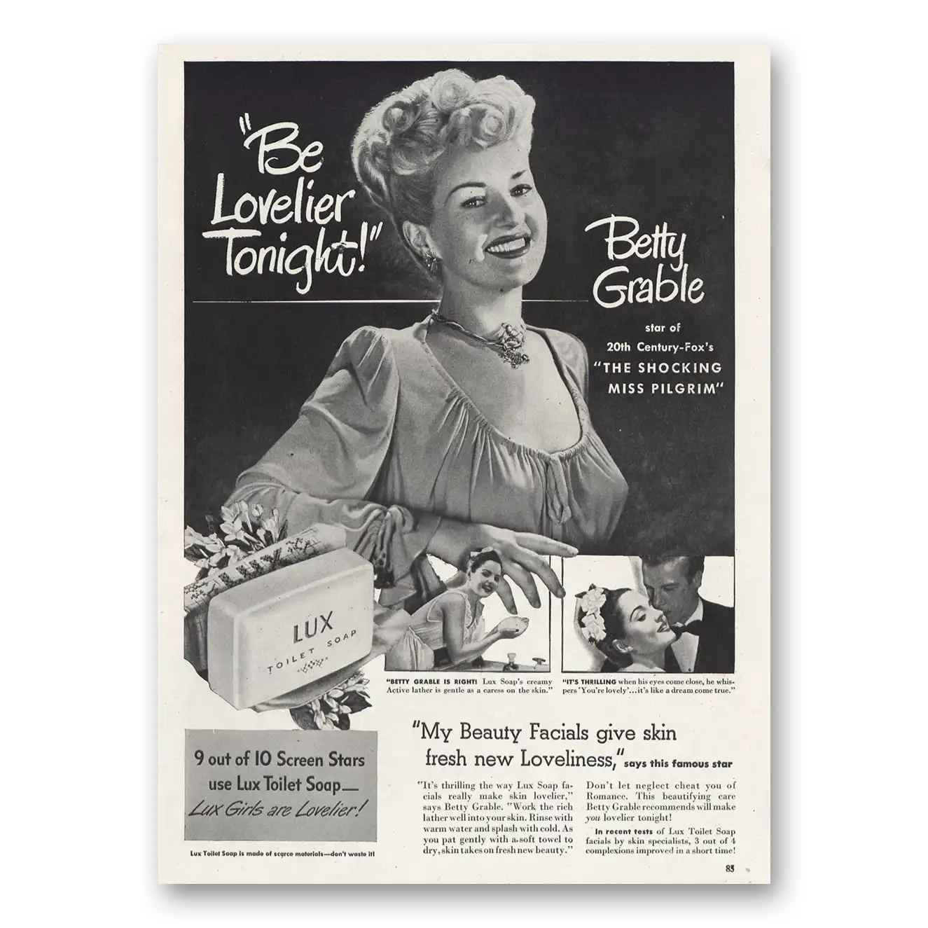 1947 Lux Soap Betty Grable Vintage Magazine Print Ad