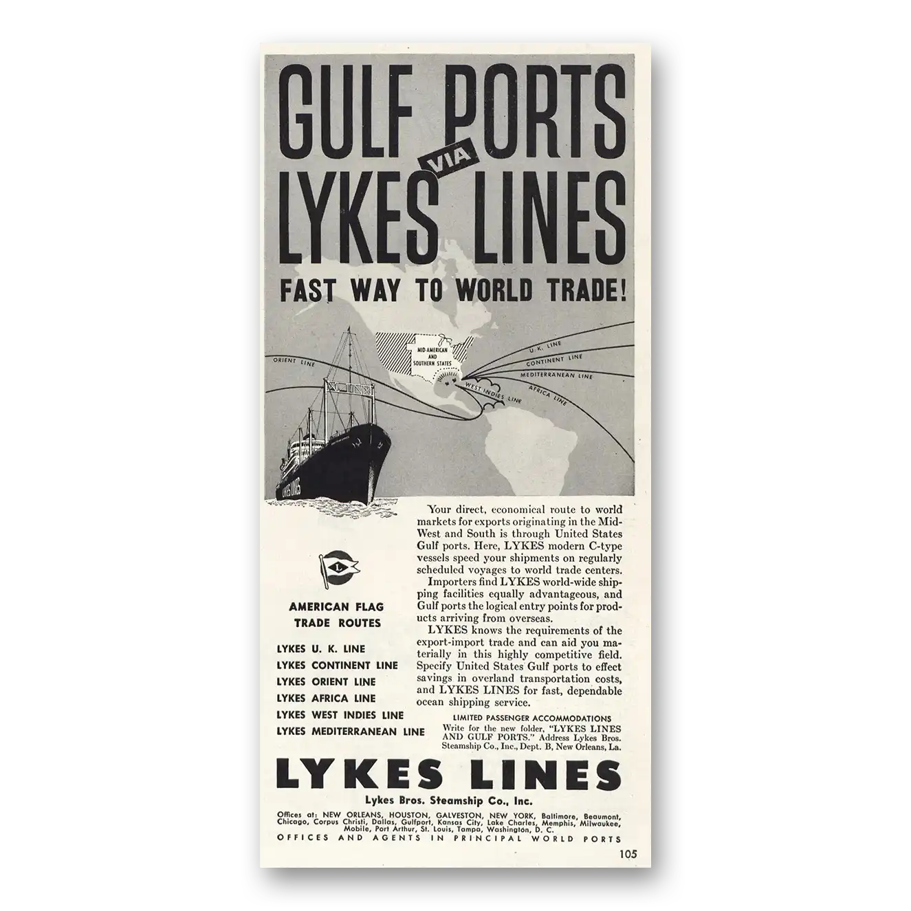 1947 Lykes Lines Gulf Ports Vintage Magazine Print Ad