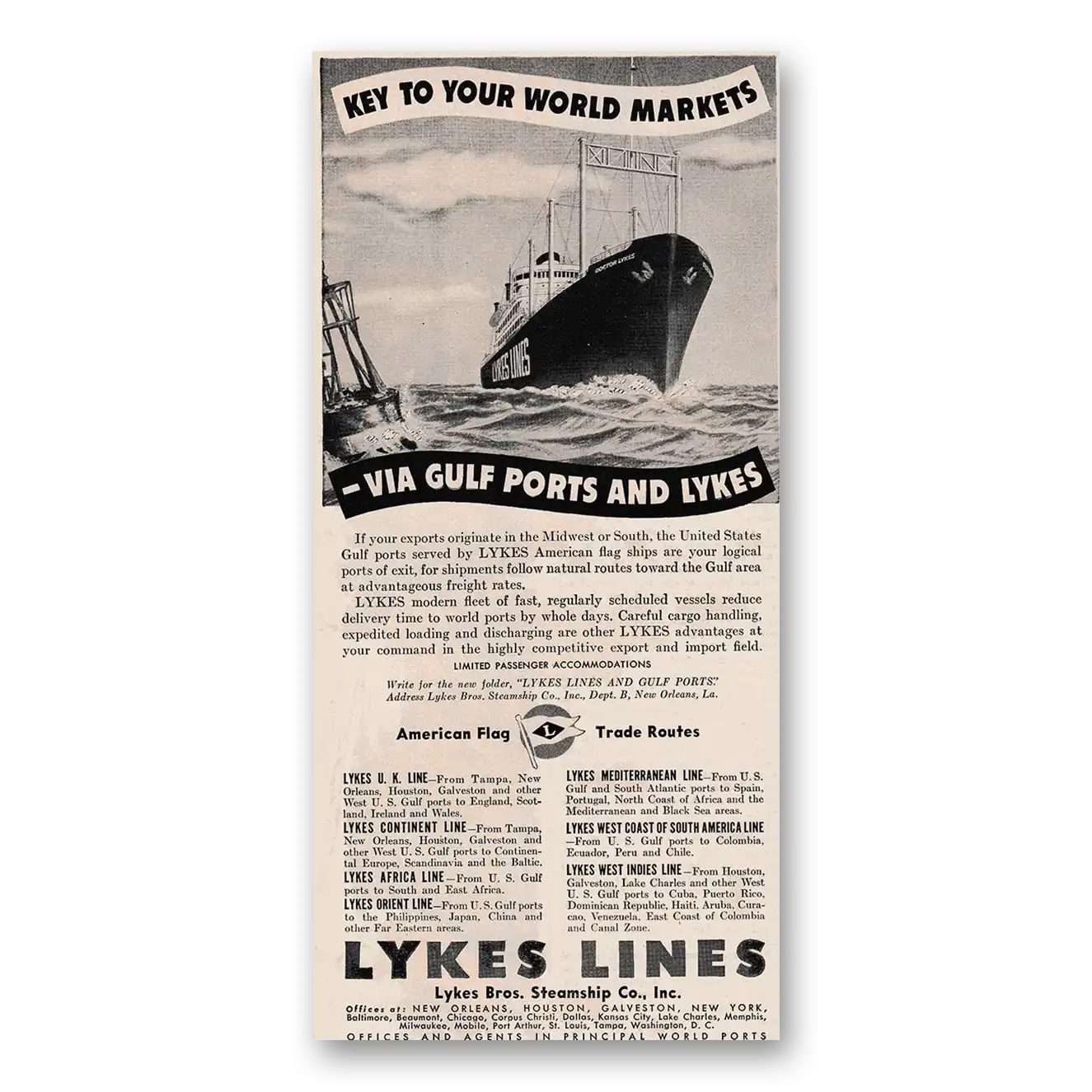 1947 Lykes Lines Key to Your World Markets Vintage Magazine Print Ad