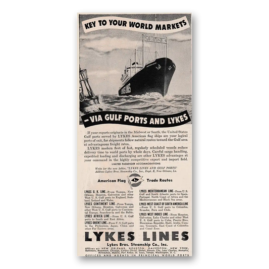 1947 Lykes Lines Key to Your World Markets Vintage Magazine Print Ad