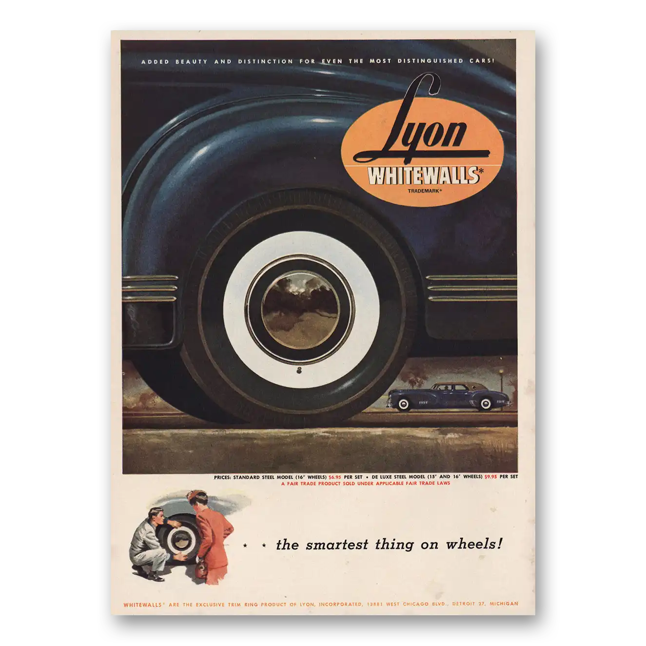 1947 Lyon Whitewalls Smartest Thing On Wheels Vintage Magazine Print Ad