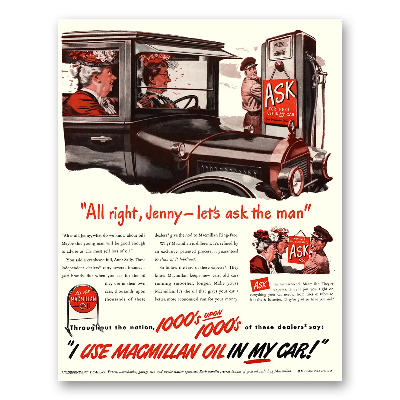 1947 Macmillan Oil All Right Jenny Lets Ask the Man Vintage Magazine Print Ad