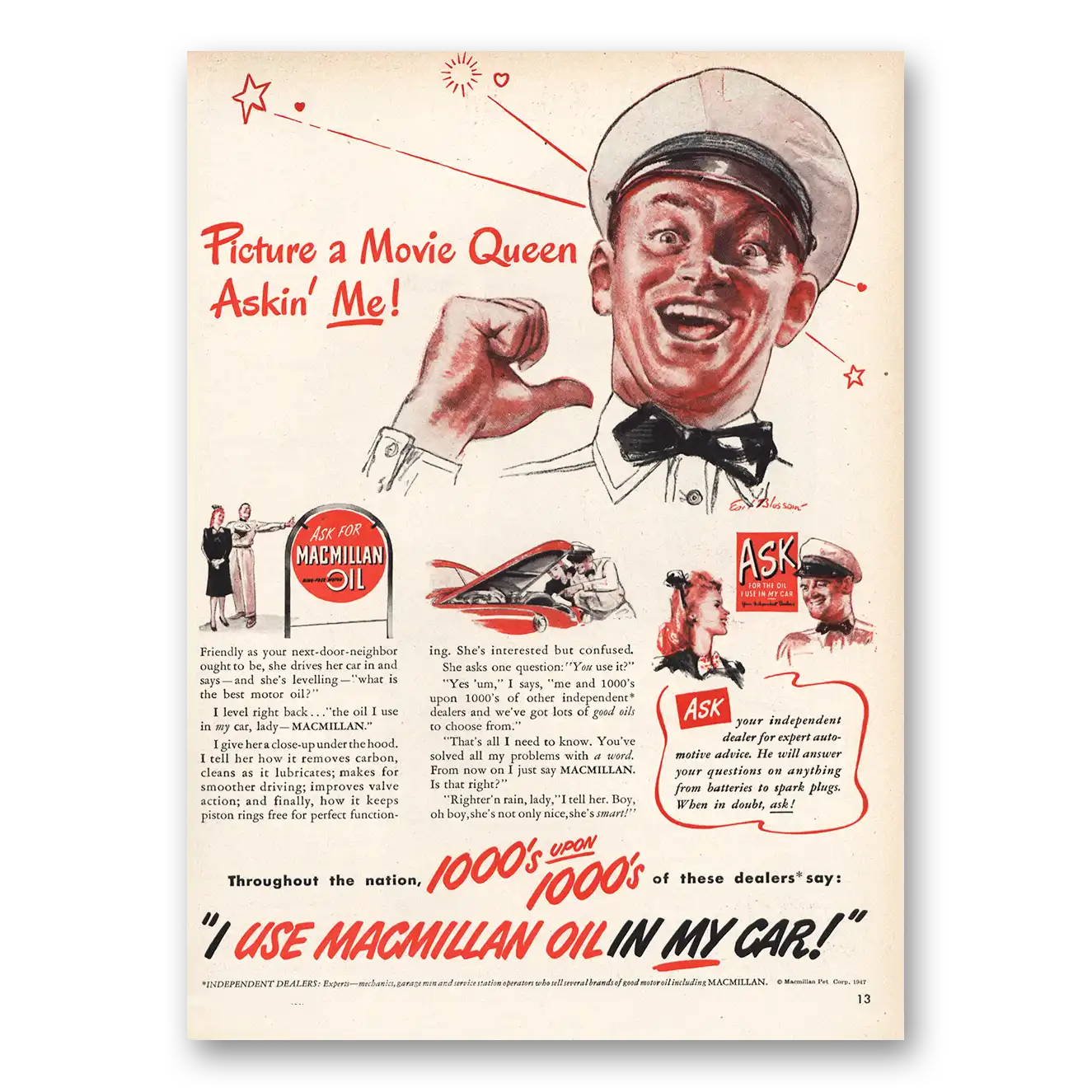 1947 Macmillan Oil Movie Queen Vintage Magazine Print Ad