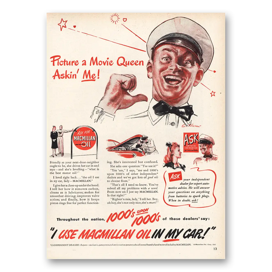 1947 Macmillan Oil Movie Queen Vintage Magazine Print Ad