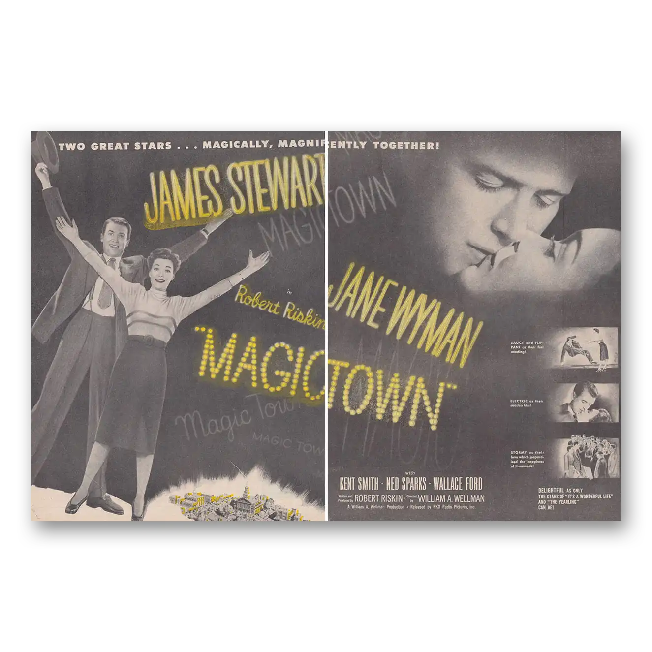 1947 Magic Town Movie Promo Jane Wyman and James Stewart Vintage Magazine Print Ad