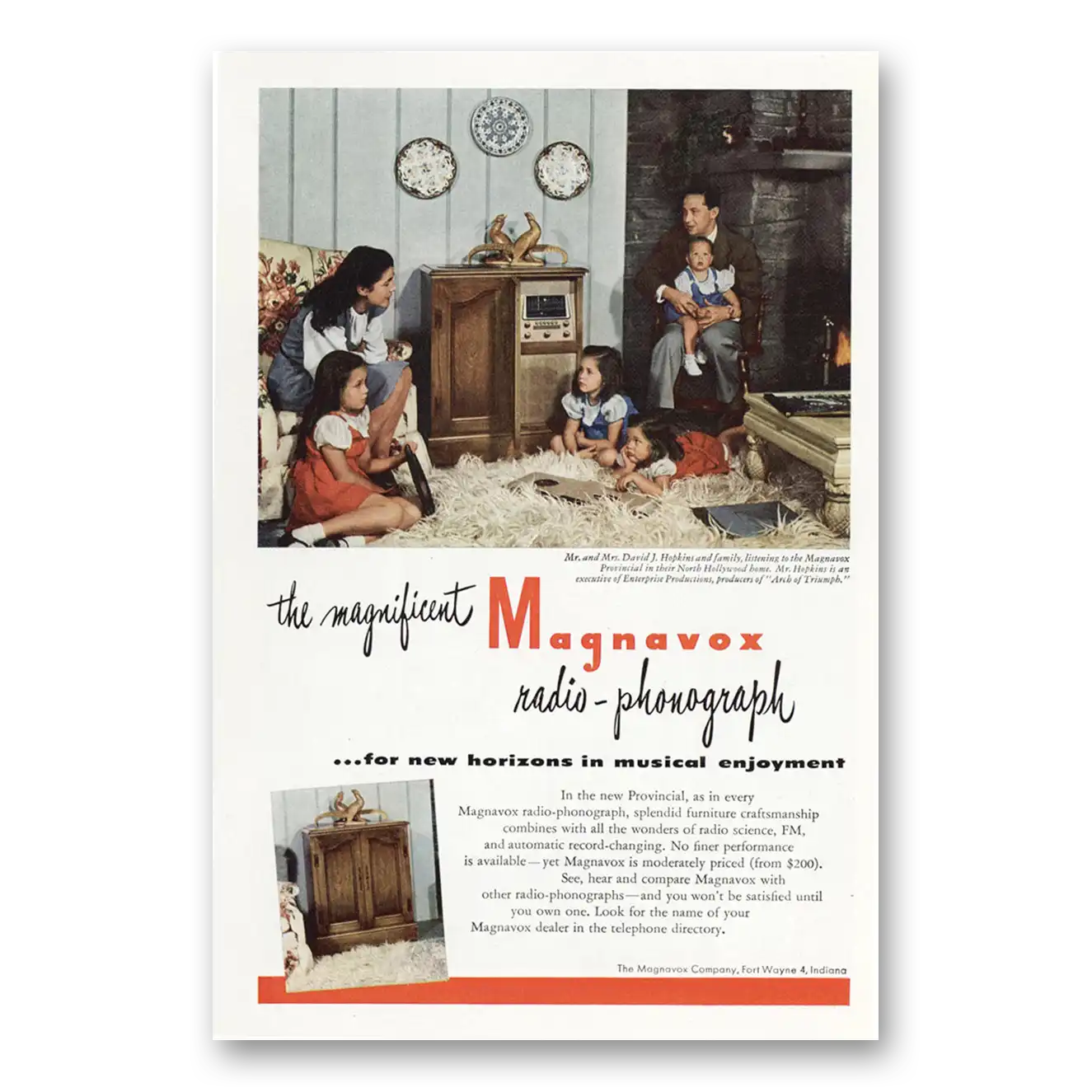 1947 Magnavox Radio Phonograph Hopkins Family Radio Phonograph Vintage Magazine Print Ad