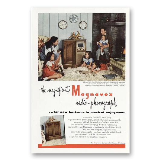 1947 Magnavox Radio Phonograph Hopkins Family Radio Phonograph Vintage Magazine Print Ad