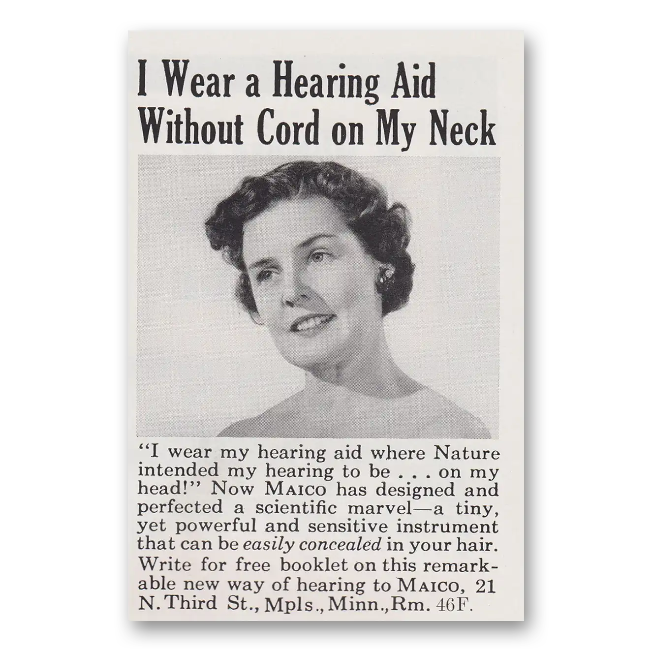 1947 Maico Hearing Aid I Wear a Hearing Aid Without Cord On My Neck Vintage Magazine Print Ad