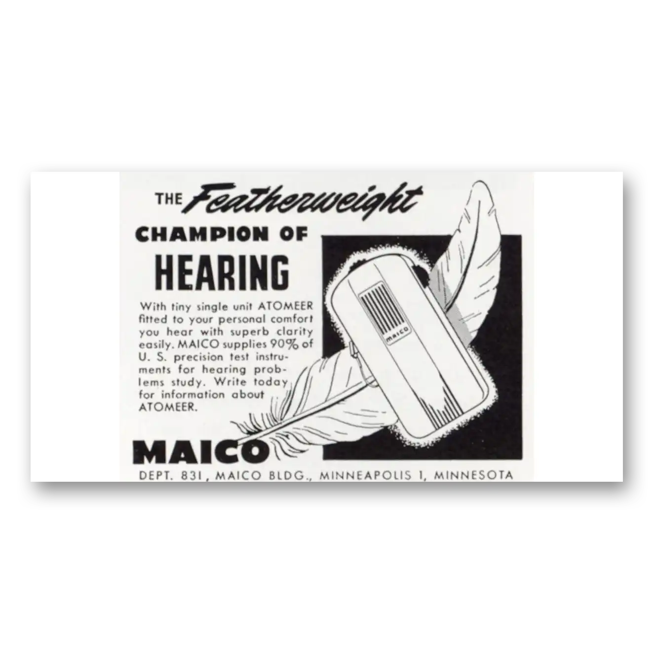 1947 Maico Hearing Aid Featherweight Champion of Hearing Vintage Magazine Print Ad