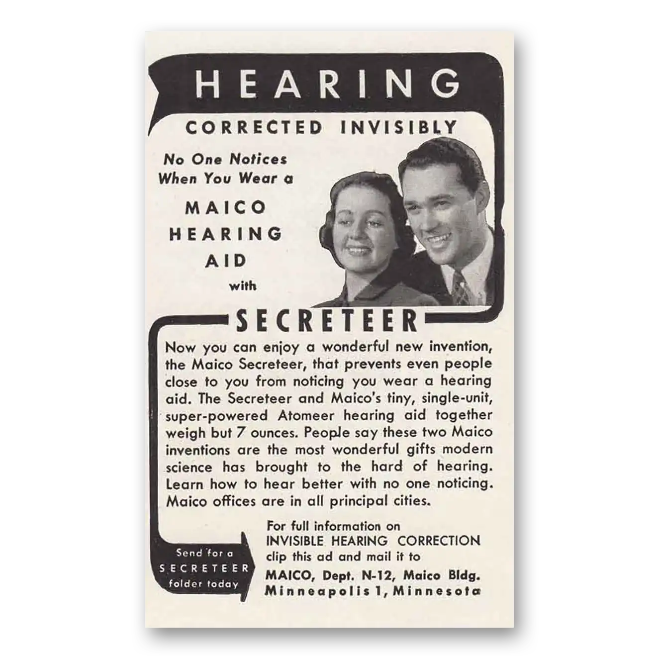 1947 Maico Hearing Aid Corrected Invisibly Secreteer Vintage Magazine Print Ad