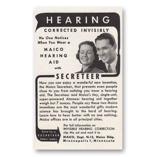 1947 Maico Hearing Aid Corrected Invisibly Secreteer Vintage Magazine Print Ad