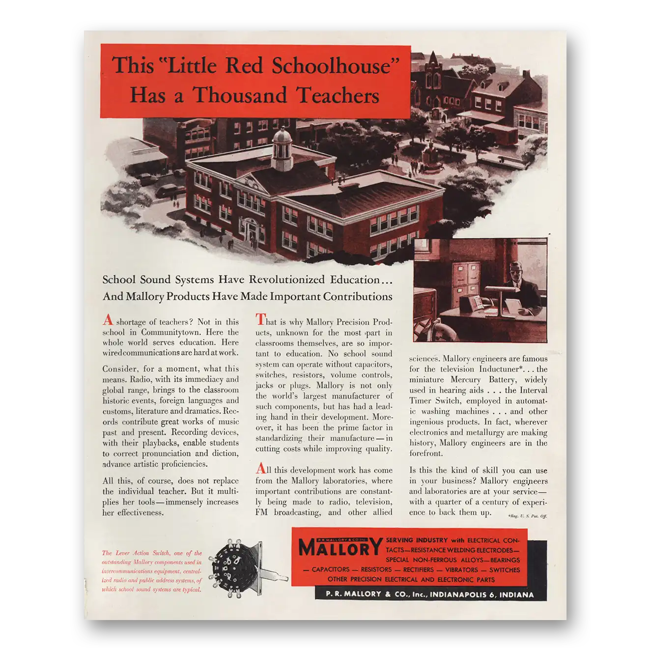 1947 Mallory Little Red Schoolhouse Ten Thousand Teachers Vintage Magazine Print Ad