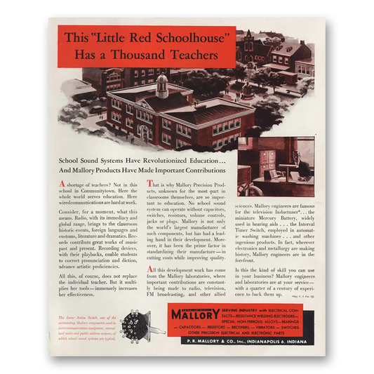 1947 Mallory Little Red Schoolhouse Ten Thousand Teachers Vintage Magazine Print Ad