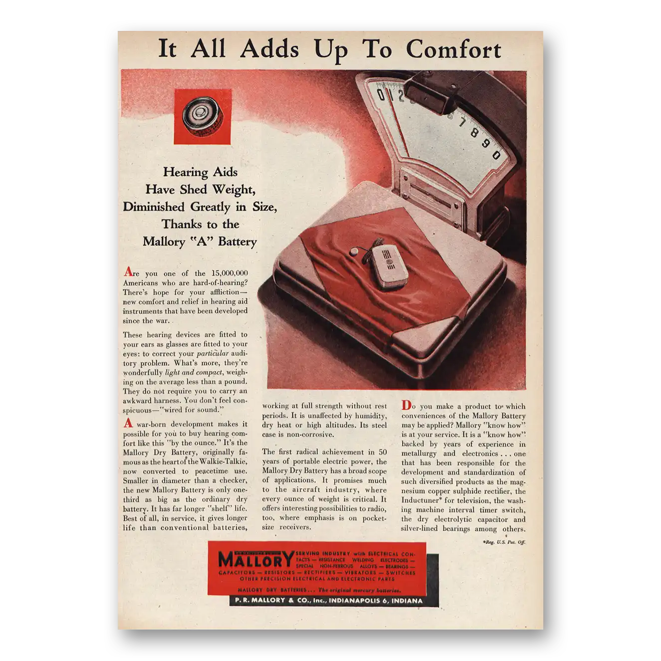 1947 Mallory Hearing Aids All Adds Up to Comfort Vintage Magazine Print Ad