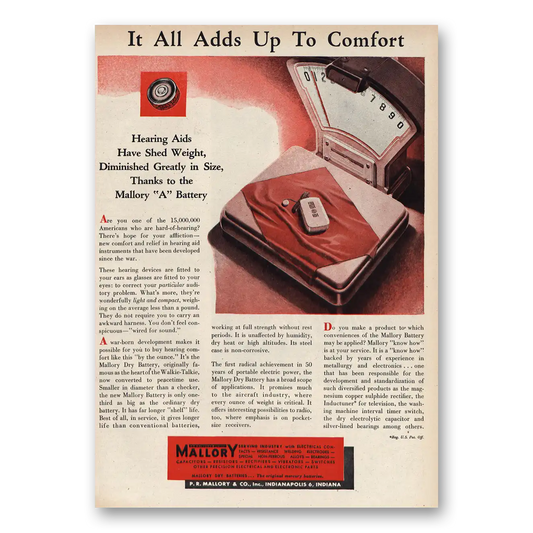 1947 Mallory Hearing Aids All Adds Up to Comfort Vintage Magazine Print Ad