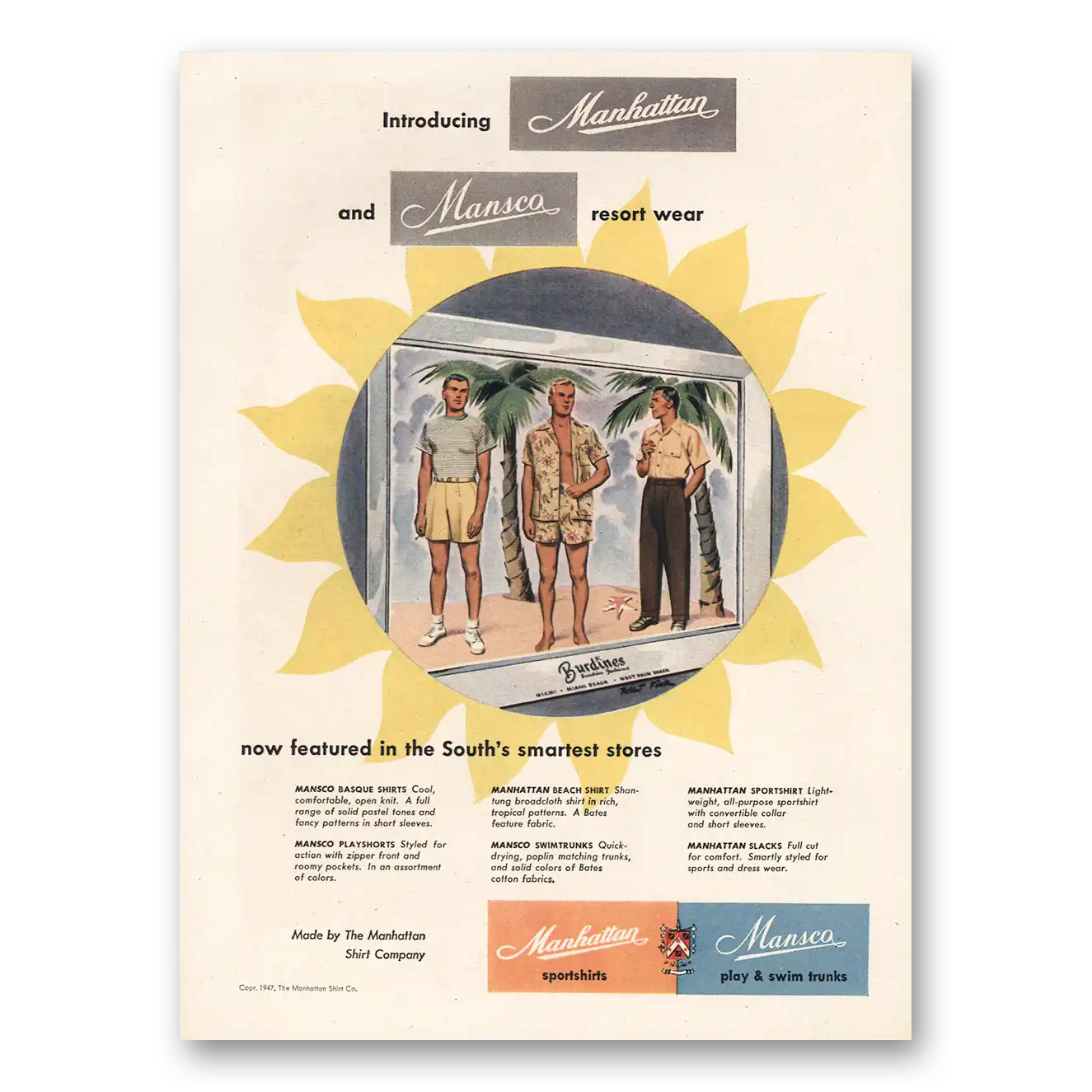 1947 Manhattan Shirts Mansco Resort Wear Vintage Magazine Print Ad