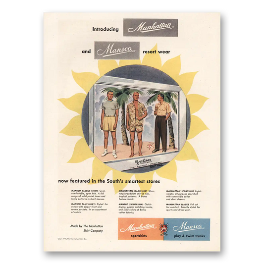 1947 Manhattan Shirts Mansco Resort Wear Vintage Magazine Print Ad