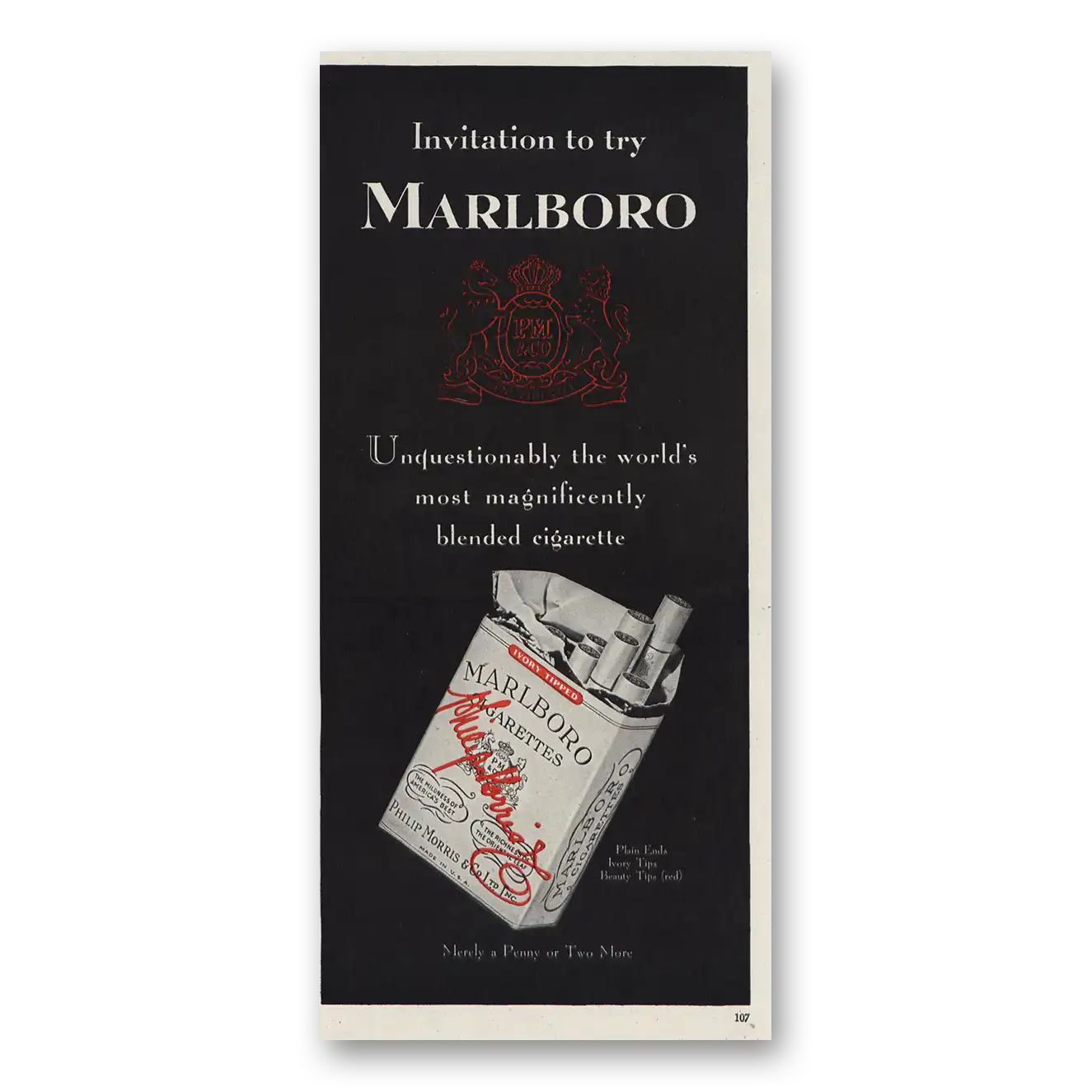 1947 Marlboro Cigarettes Unquestionably Vintage Magazine Print Ad