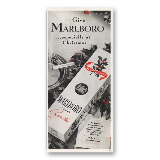 1947 Marlboro Cigarettes Especially at Christmas Vintage Magazine Print Ad