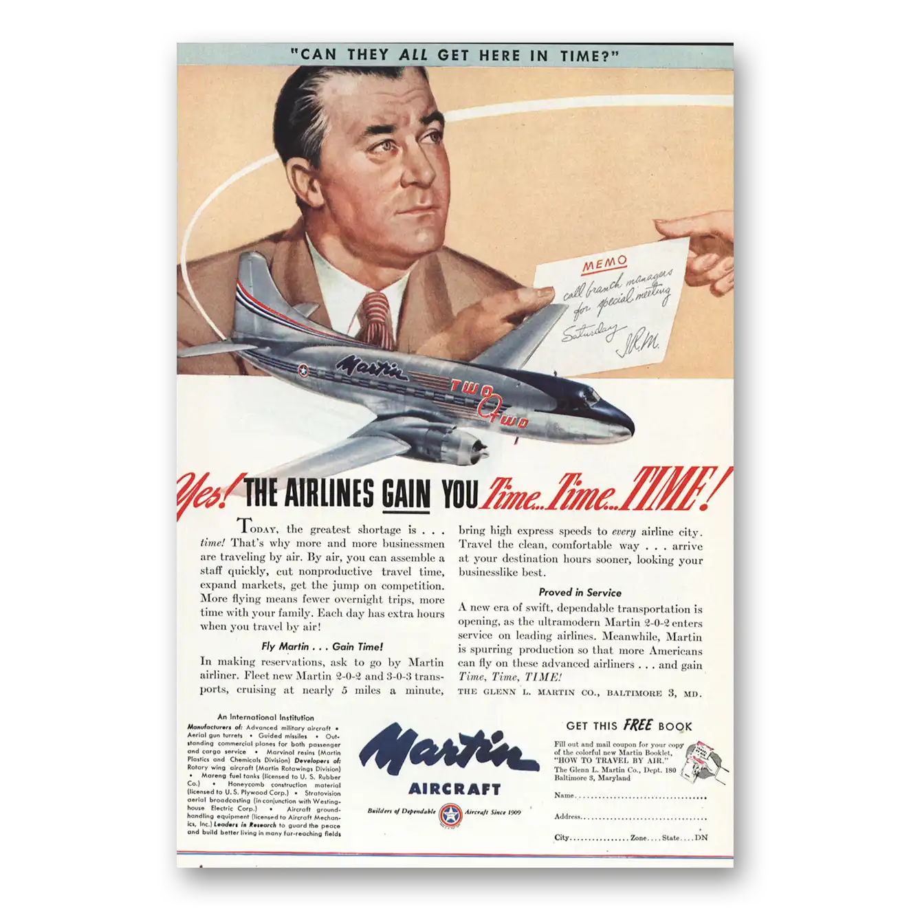 1947 Martin Airliner Airlines Gain You Time Vintage Magazine Print Ad