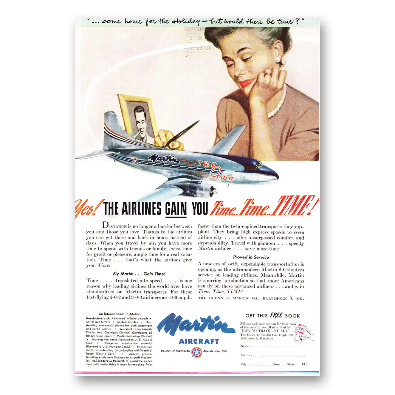 1947 Martin Airliner Airlines Gain You Time Vintage Magazine Print Ad