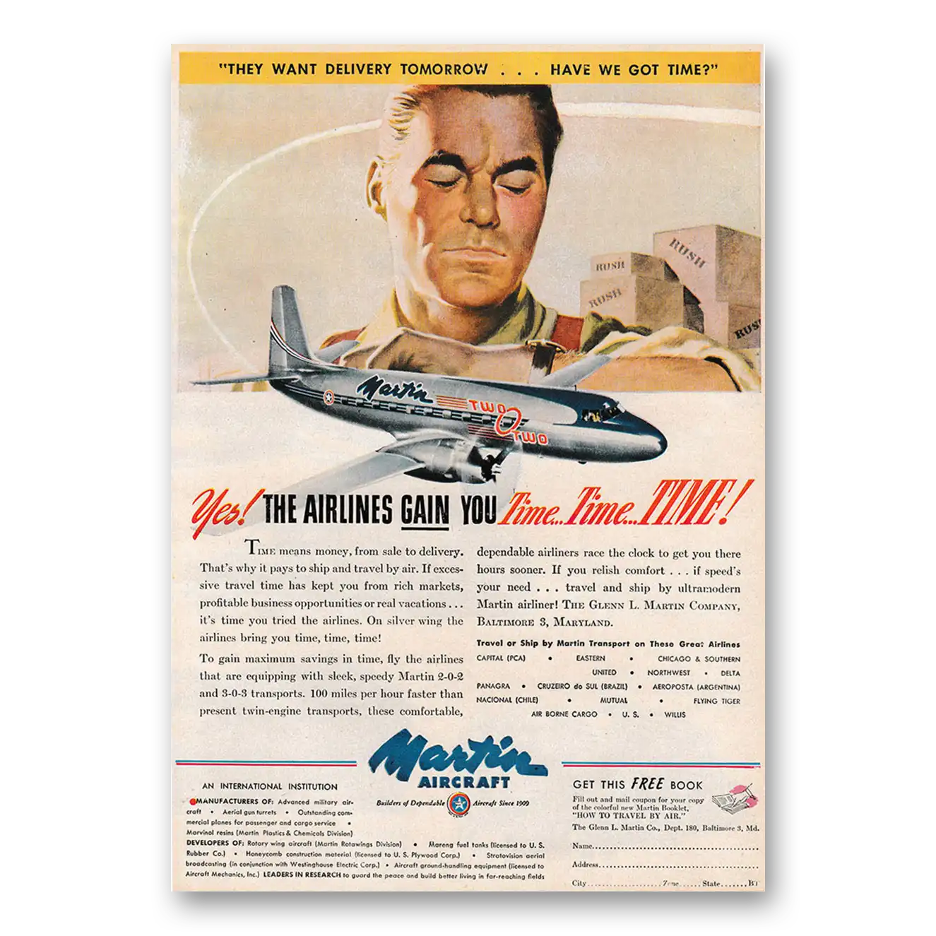 1947 Martin Airliner Airlines Gain You Time Two Vintage Magazine Print Ad