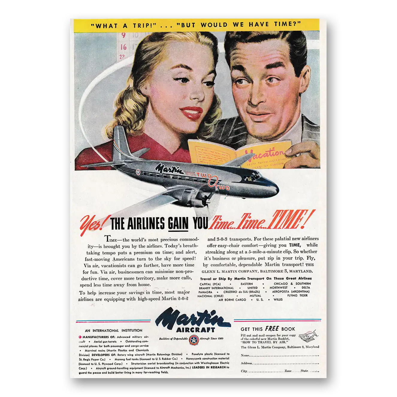 1947 Martin Airliner Yes The Airlines Gain You Time Vintage Magazine Print Ad