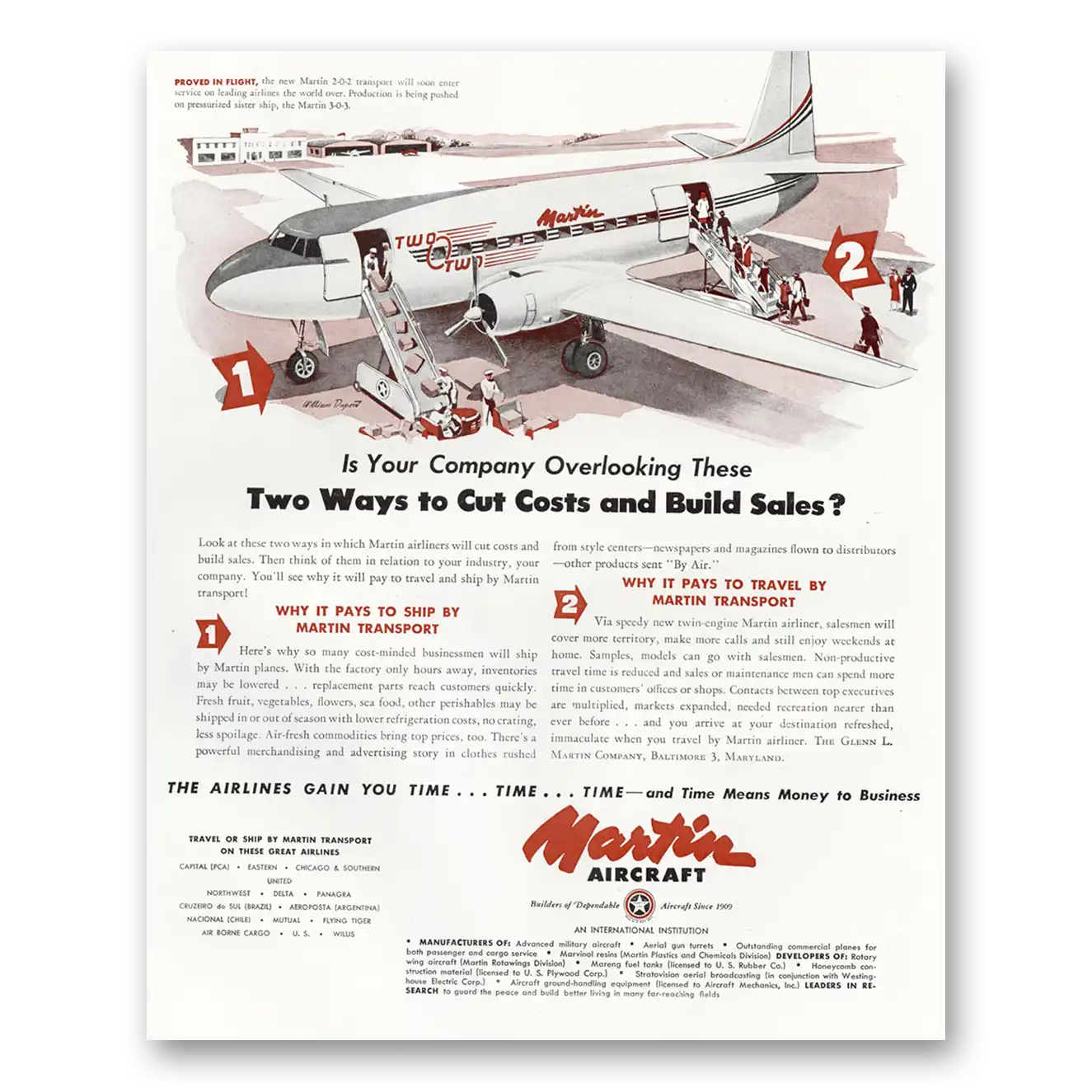 1947 Martin Transports Two Ways to Cut Costs Vintage Magazine Print Ad