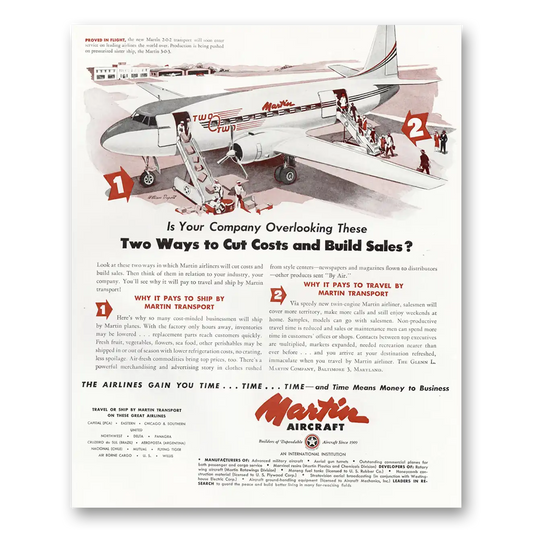 1947 Martin Transports Two Ways to Cut Costs Vintage Magazine Print Ad