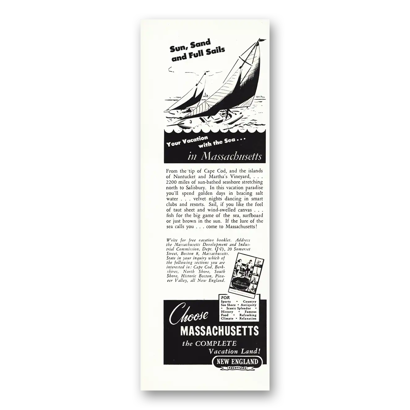 1947 Massachusetts Sun Sand and Full Sails Vintage Magazine Print Ad