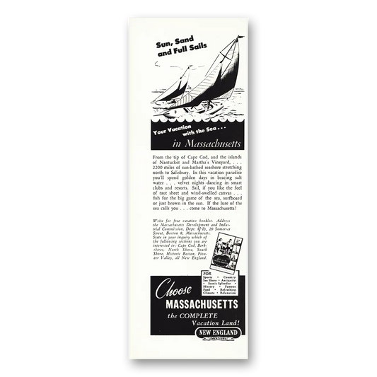 1947 Massachusetts Sun Sand and Full Sails Vintage Magazine Print Ad