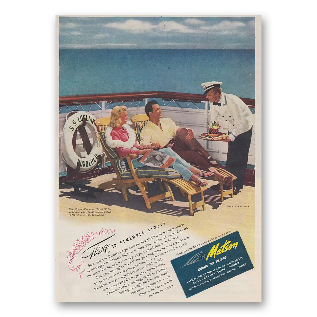 1947 Matson Line Thrill to Remember Always Vintage Magazine Print Ad