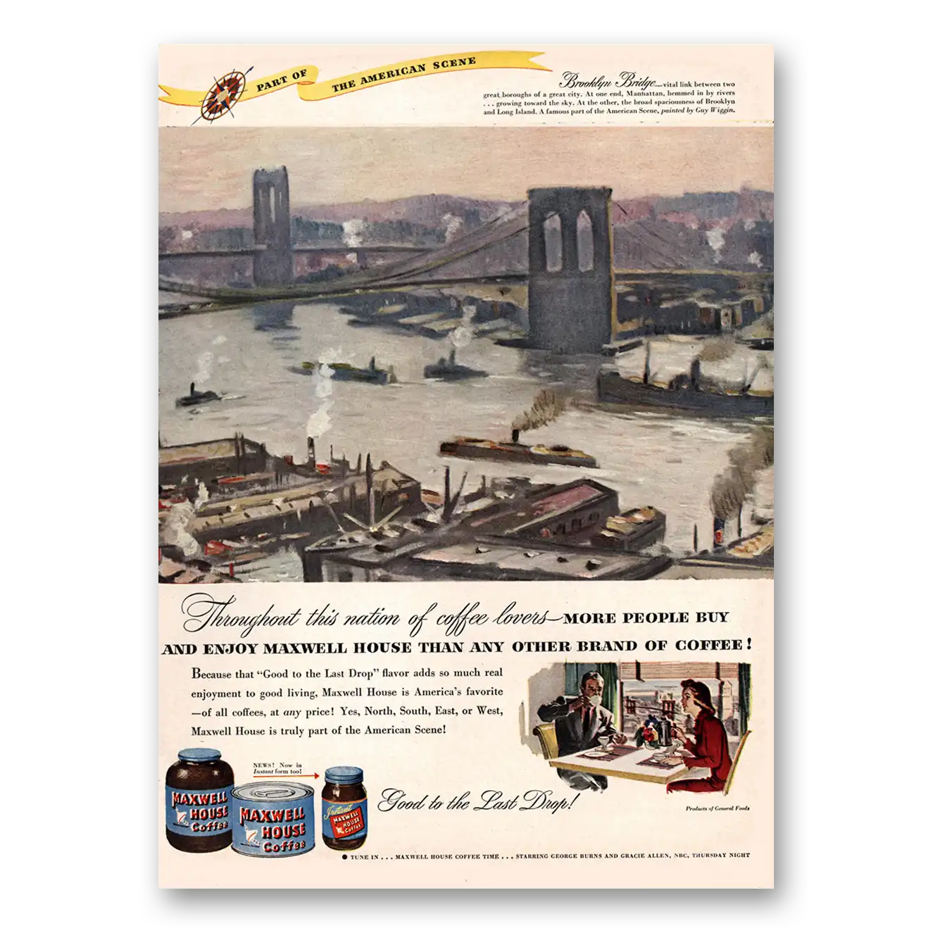 1947 Maxwell House Coffee Brooklyn Bridge Vintage Magazine Print Ad