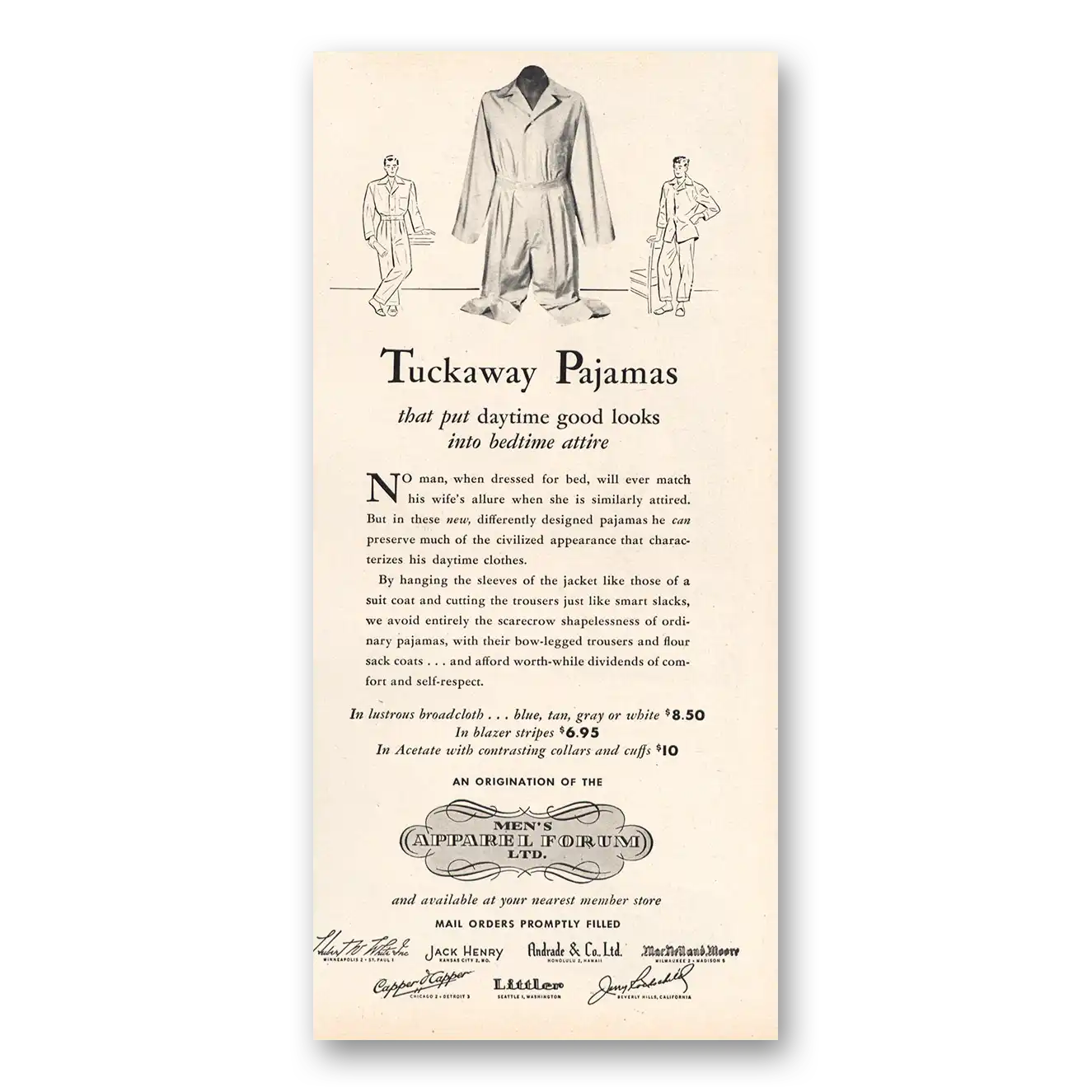 1947 Mens Apparel Forum Tuckaway Pajamas Vintage Magazine Print Ad