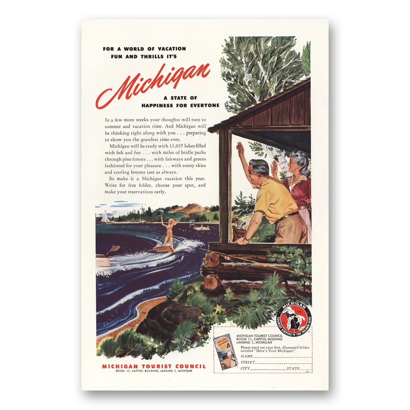 1947 Michigan Water Skiing A State of Happiness Vintage Magazine Print Ad