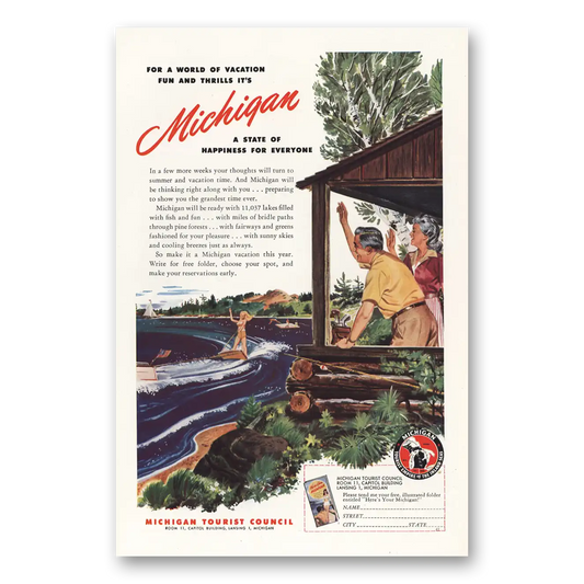 1947 Michigan Water Skiing A State of Happiness Vintage Magazine Print Ad