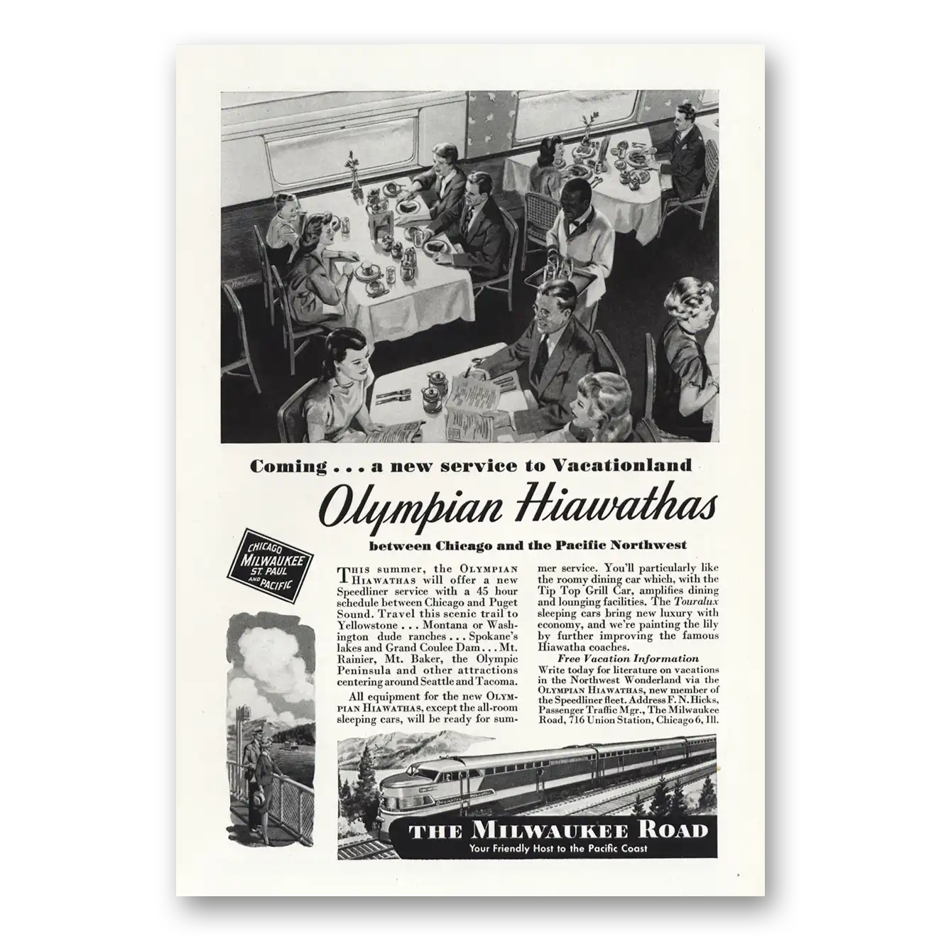 1947 Milwaukee Road Olympian Hiawathas Vintage Magazine Print Ad