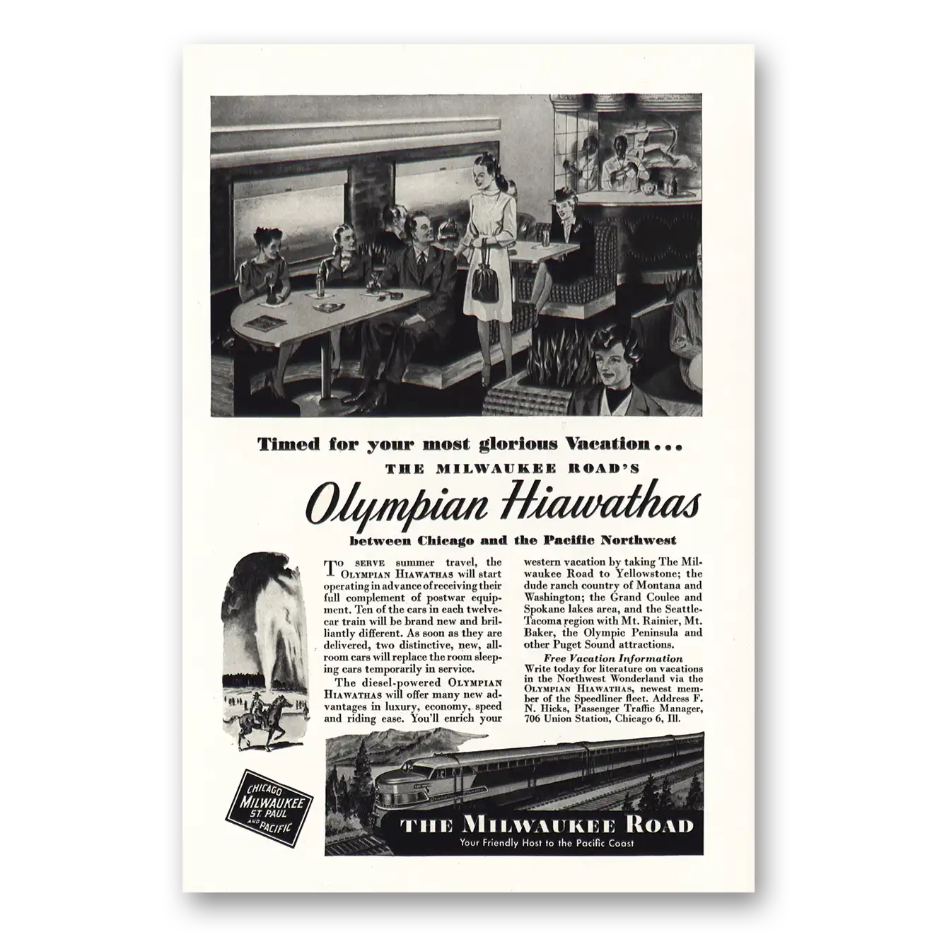 1947 Milwaukee Road Olympian Hiawathas Lounge Vintage Magazine Print Ad