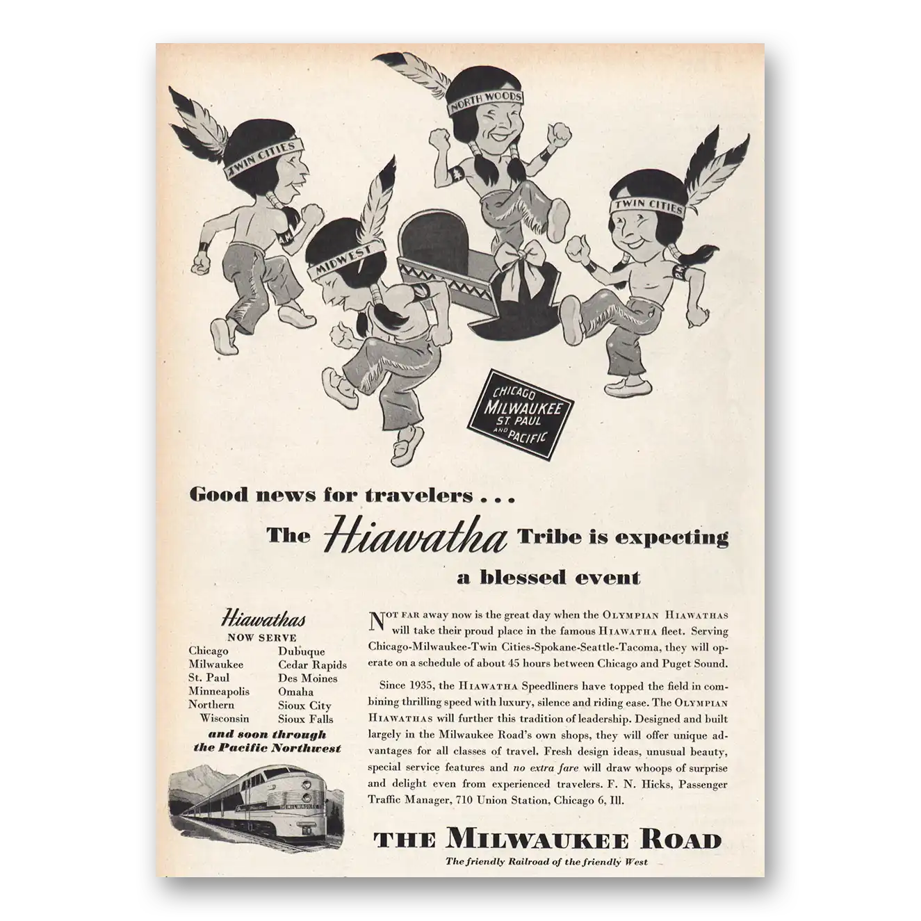 1947 Milwaukee Road Hiawatha Tribe Is Expecting a Blessed Event Vintage Magazine Print Ad