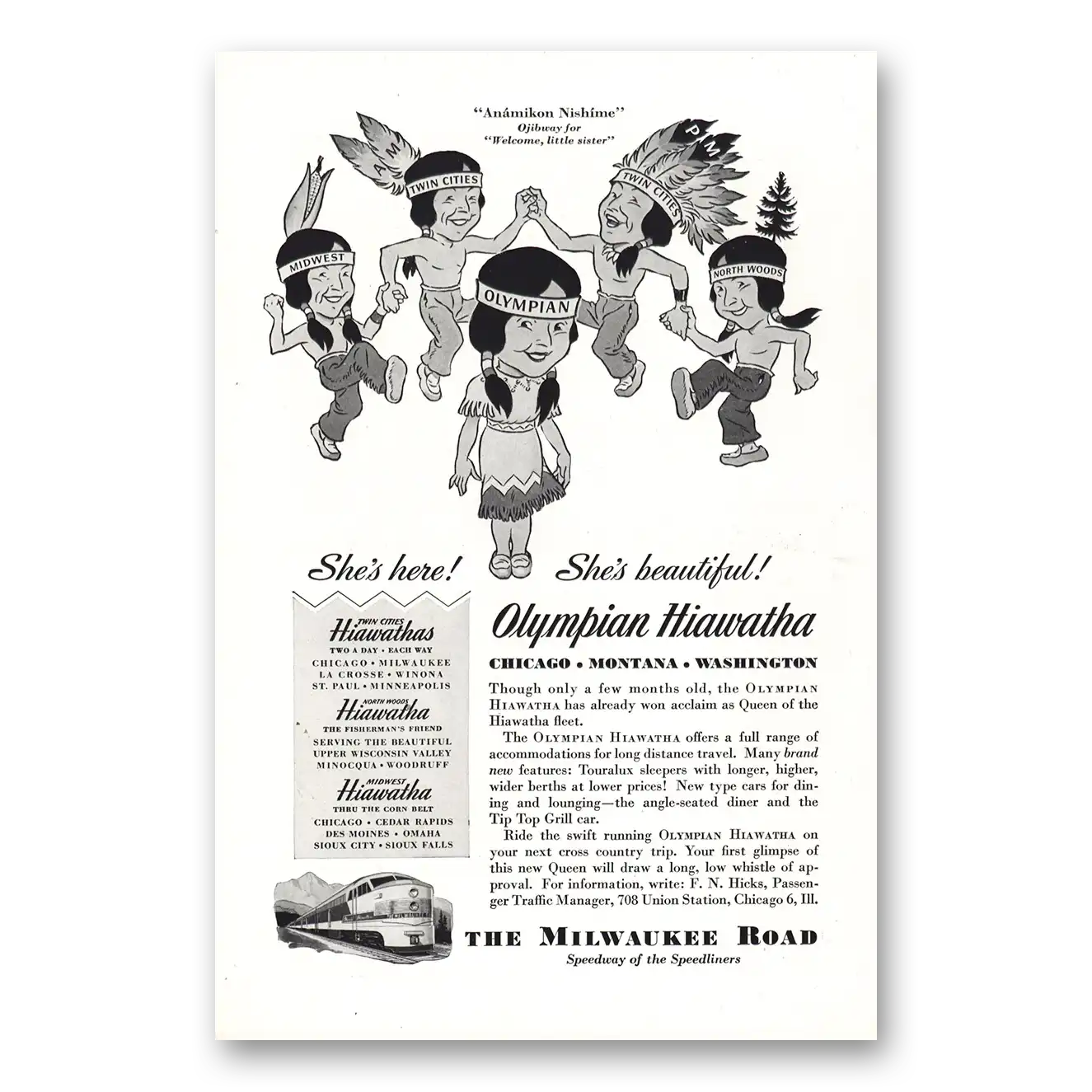 1947 Milwaukee Road Olympian Hiawatha She's Beautiful Vintage Magazine Print Ad