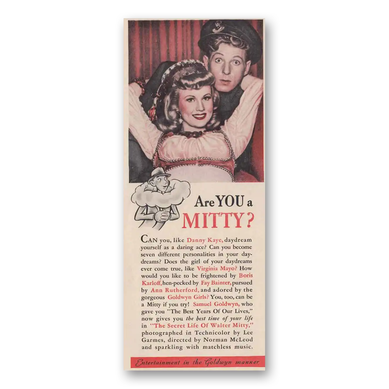 1947 Secret Life of Walter Mitty Movie Promo Are You a Mitty Vintage Magazine Print Ad