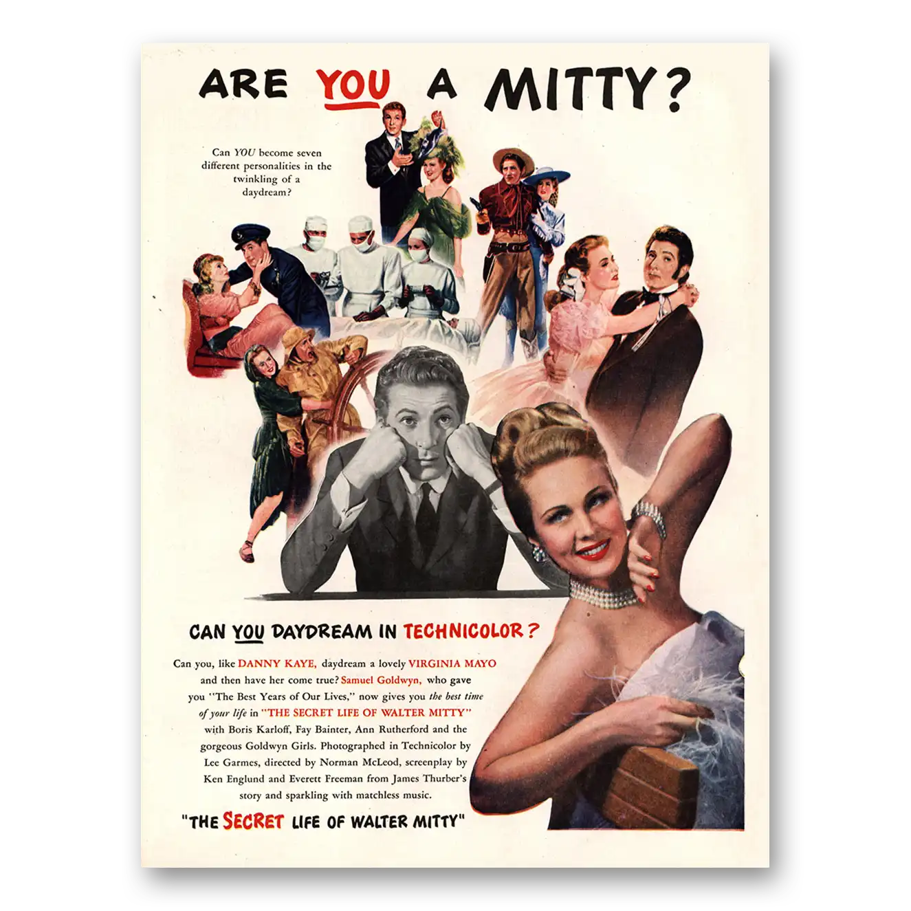 1947 Secret Life of Walter Mitty Movie Promo Danny Kaye Vintage Magazine Print Ad