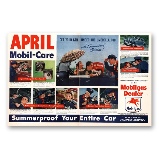 1947 Mobilgas April Get Your Car Under the Umbrella Vintage Magazine Print Ad