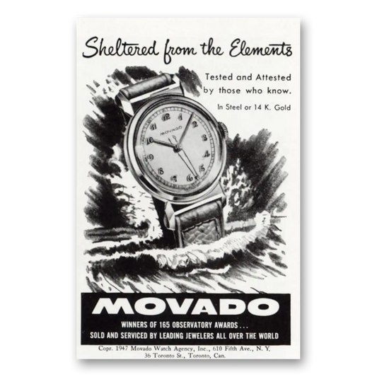 1947 Movado Watch Sheltered From the Elements Vintage Magazine Print Ad