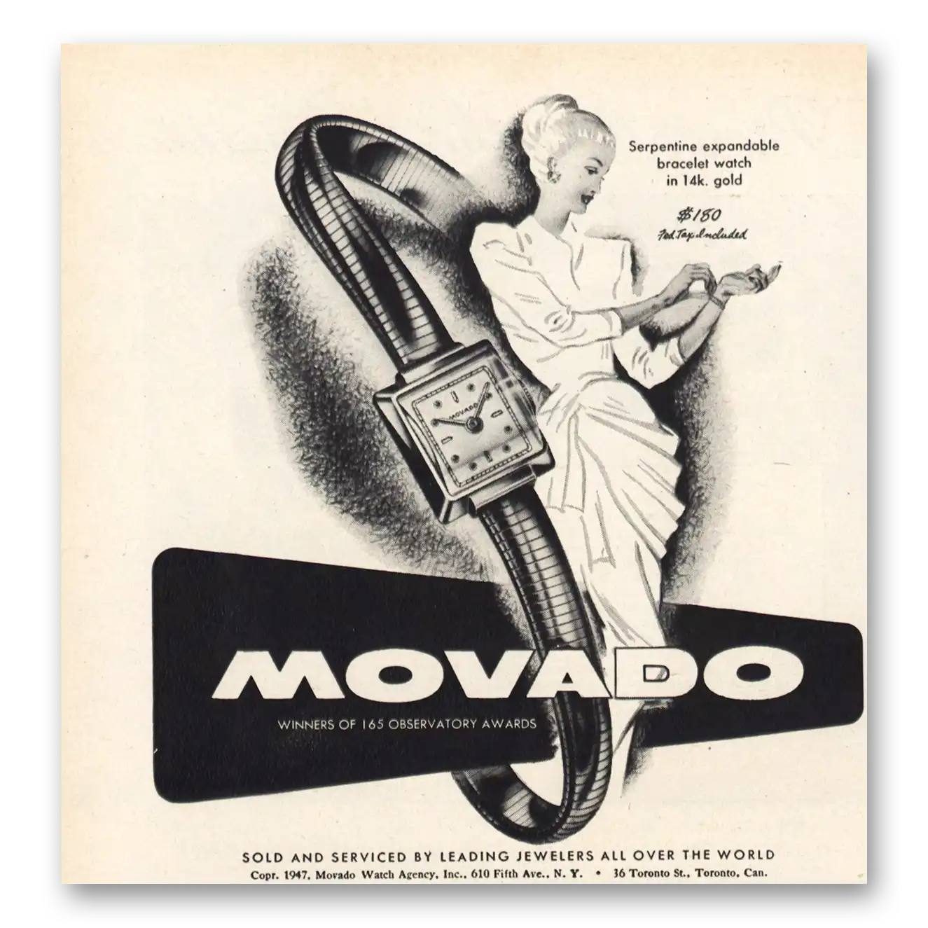 1947 Movado Watch Serpentine Expandable Bracelet Watch Vintage Magazine Print Ad