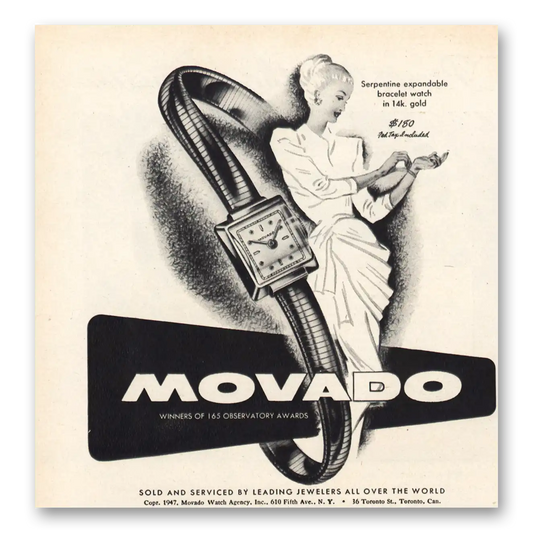 1947 Movado Watch Serpentine Expandable Bracelet Watch Vintage Magazine Print Ad