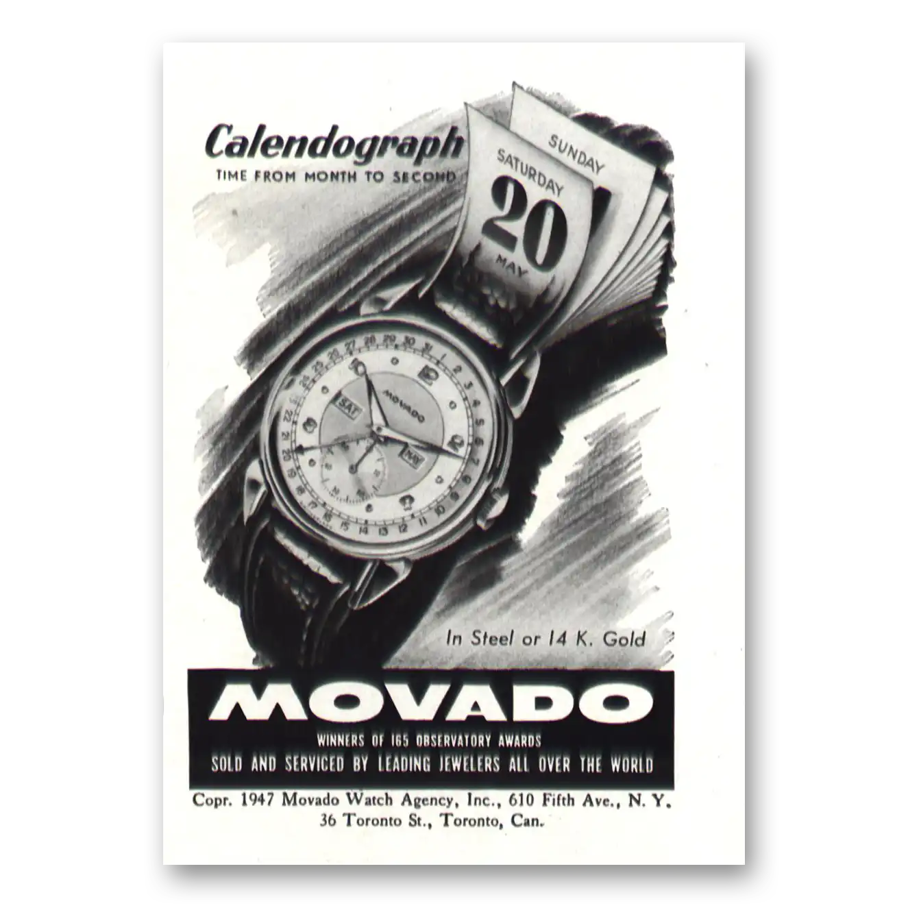 1947 Movado Watch Calendograph Watch Time From Month to Second Vintage Magazine Print Ad