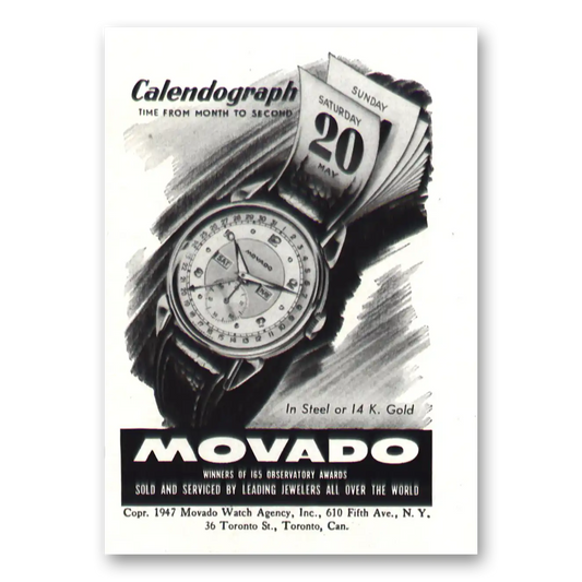 1947 Movado Watch Calendograph Watch Time From Month to Second Vintage Magazine Print Ad