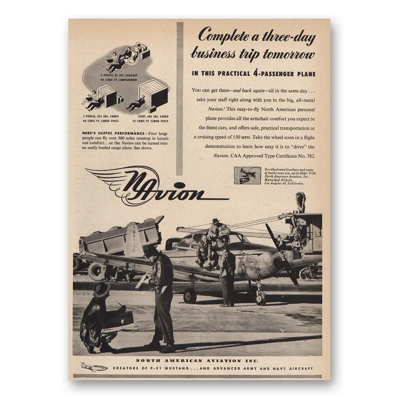 1947 North American Aviation Three Day Business Trip Vintage Magazine Print Ad